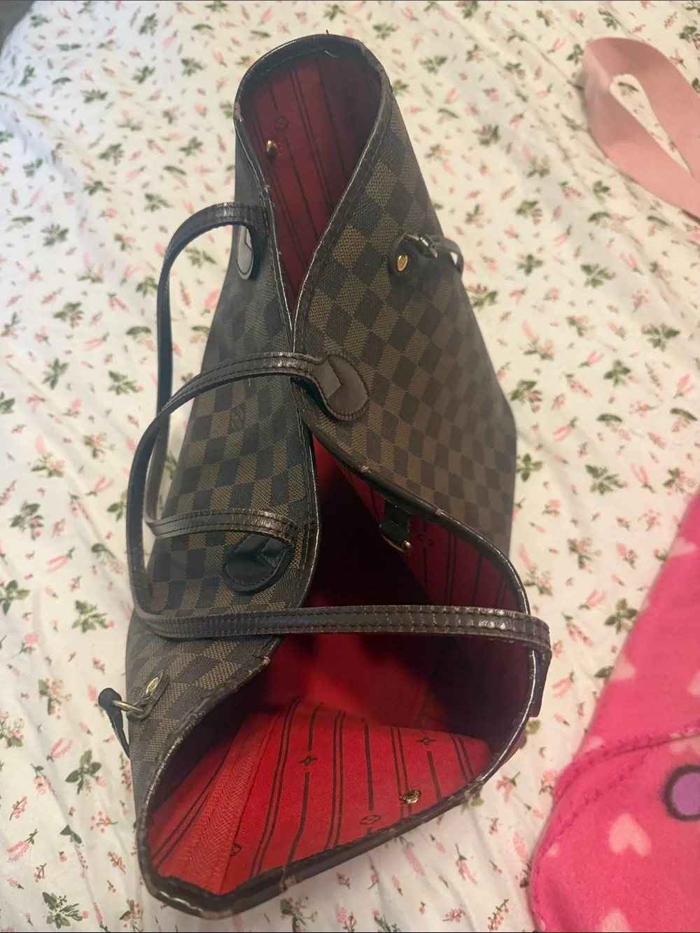 Louis Vuitton Brown Damier Ebene Tote with Red Interior